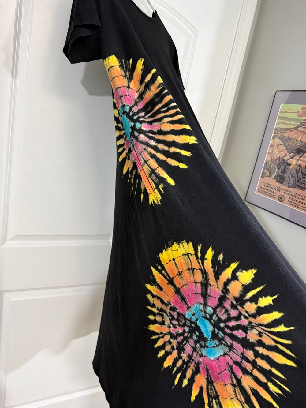 Hand Crafted Black Midi Dress with Multicolor Tie-Dye Accents - Picture 3 of 3